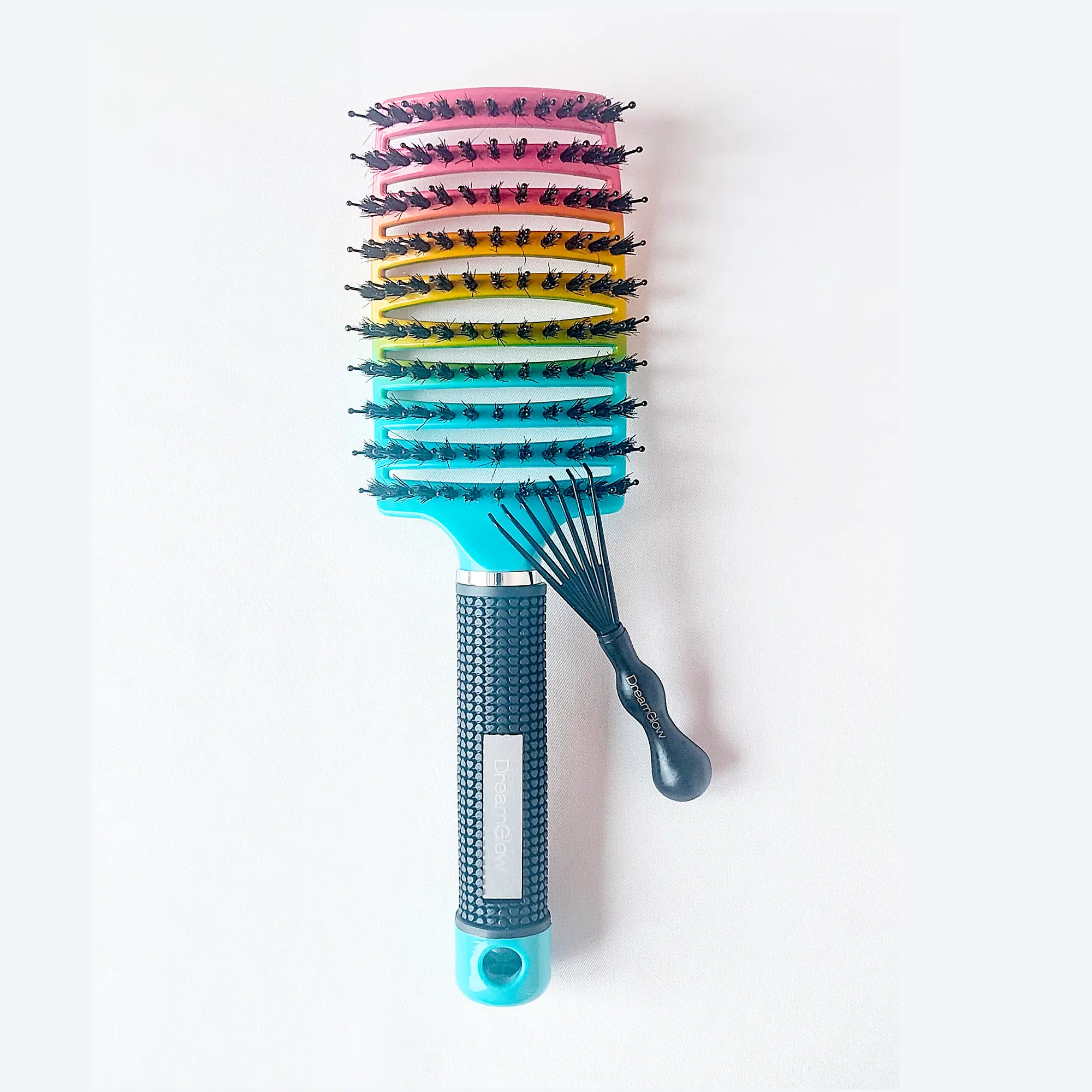 DreamGlow Anti-klit Haarborstel in regenboog op neutrale achtergrond