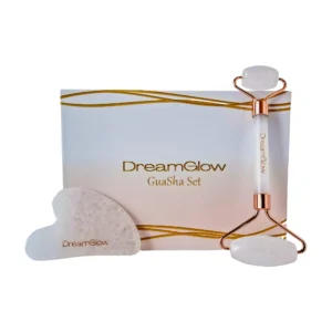 DreamGlow Gezichtsroller & Gua Sha Set in bergkristal op neutrale achtergrond