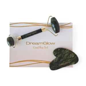 DreamGlow Gezichtsroller & Gua Sha Set in jade met verpakking en inhoud
