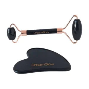 DreamGlow Gezichtsroller & Gua Sha Set in obsidiaan op neutrale achtergrond