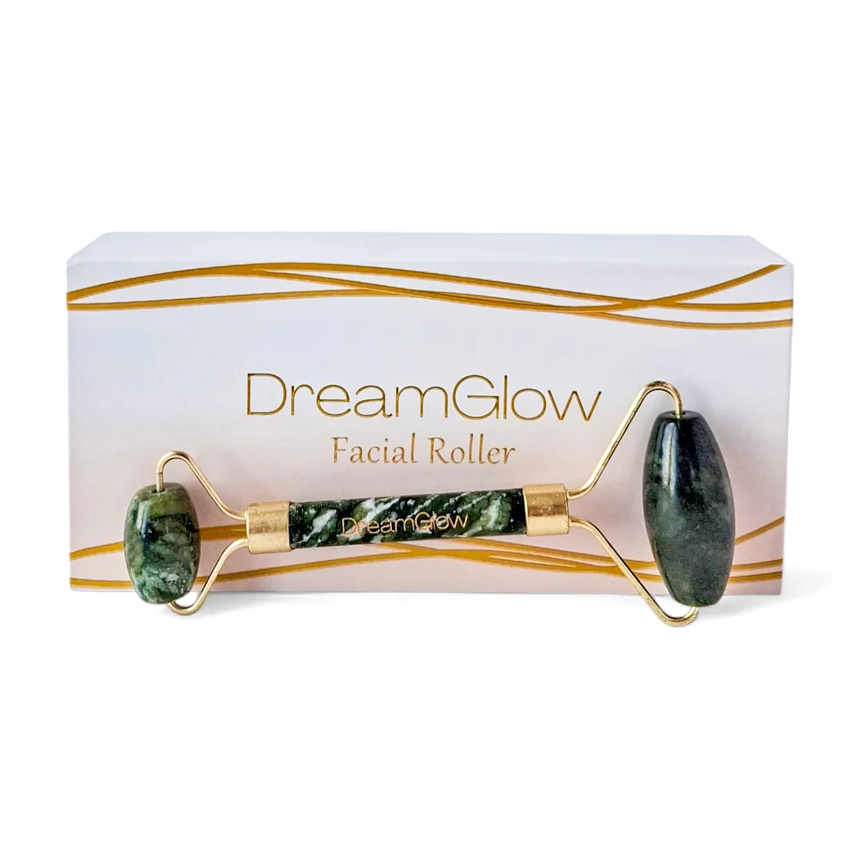 DreamGlow Gezichtsroller in jade op neutrale achtergrond van DreamGlow voor dagelijks gebruik