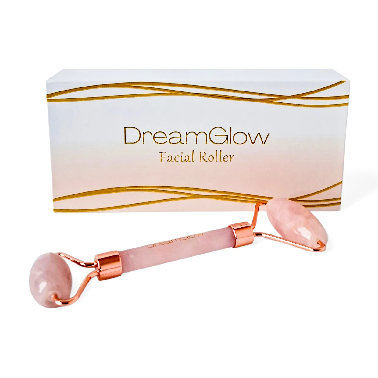 DreamGlow Gezichtsroller in rozenkwarts op neutrale achtergrond van DreamGlow voor dagelijks gebruik