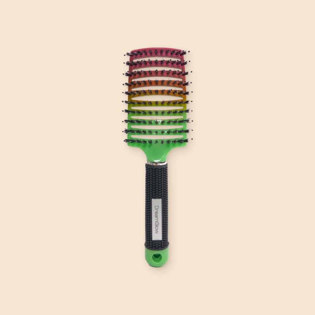 DreamGlow Anti-klit haarborstel Regenboog groen – voorkant met de borstelharen