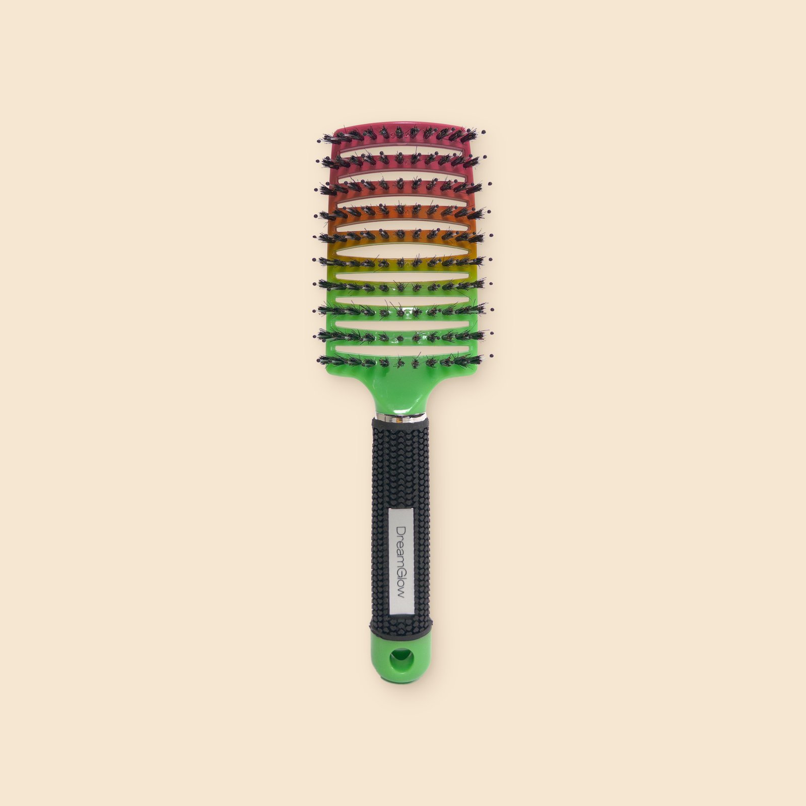 DreamGlow Anti-klit haarborstel Regenboog groen – voorkant met de borstelharen