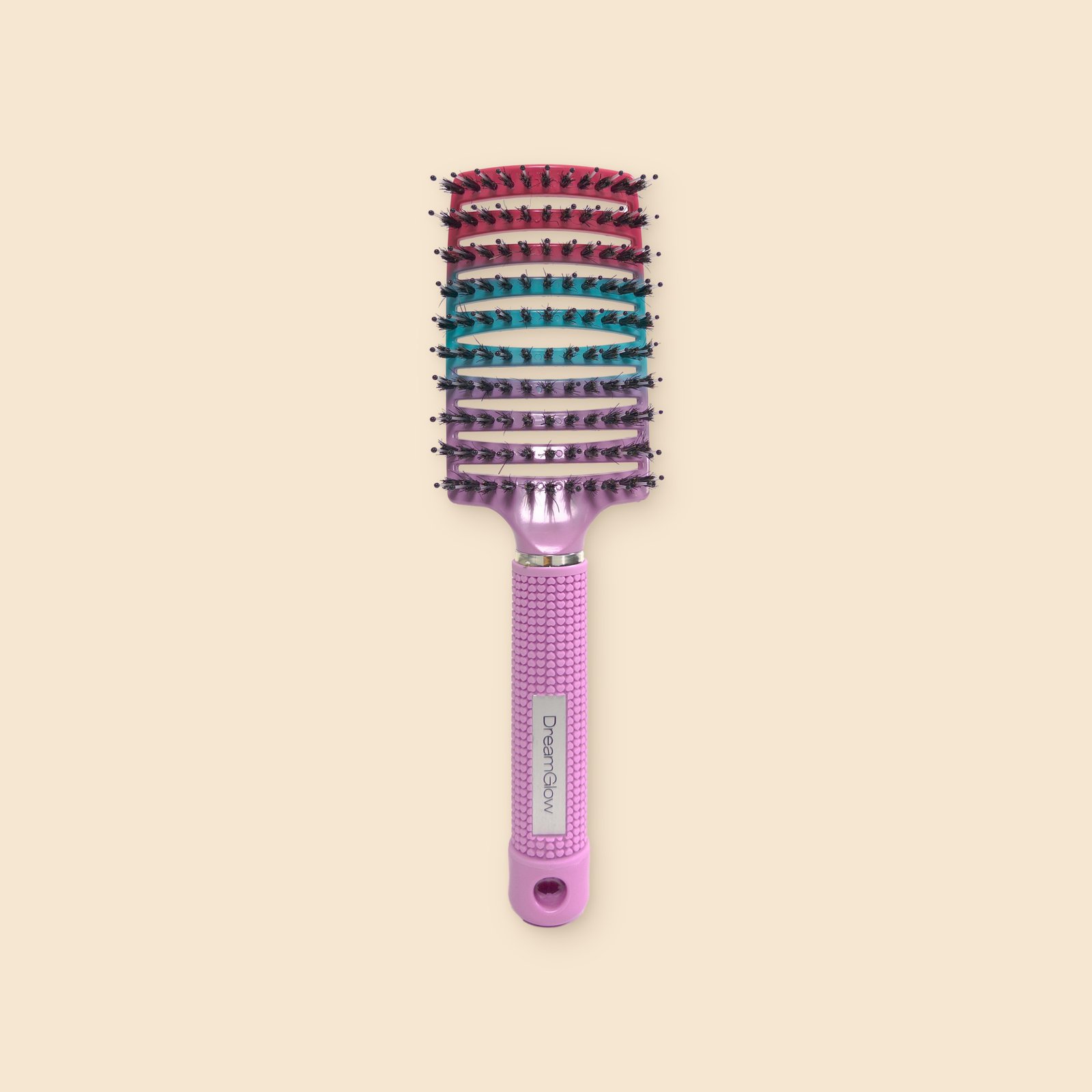 DreamGlow Anti-klit haarborstel Regenboog roze/teal/paars – voorkant met de borstelharen