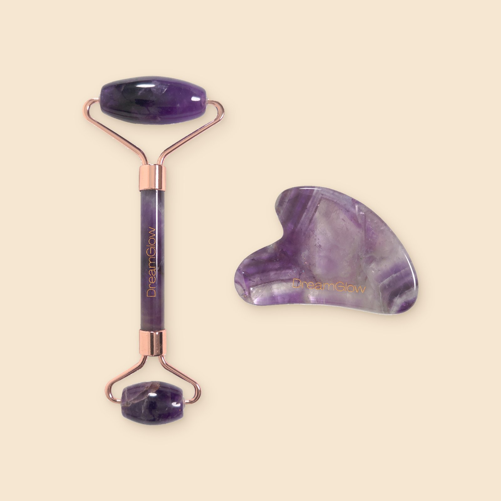 DreamGlow Gua sha en gezichtsroller Amethist – vooraanzicht