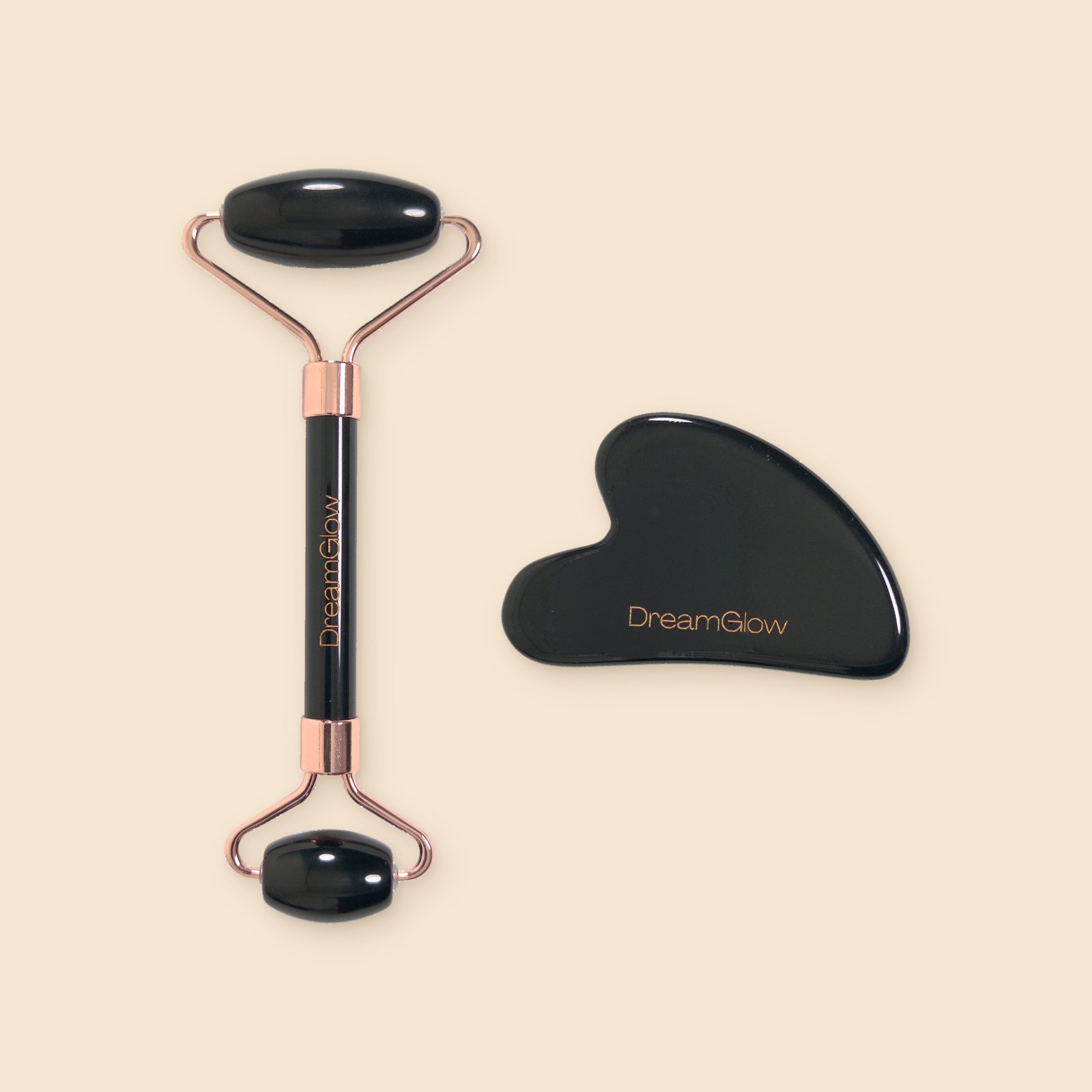 DreamGlow Gua sha en gezichtsroller Obsidiaan – vooraanzicht