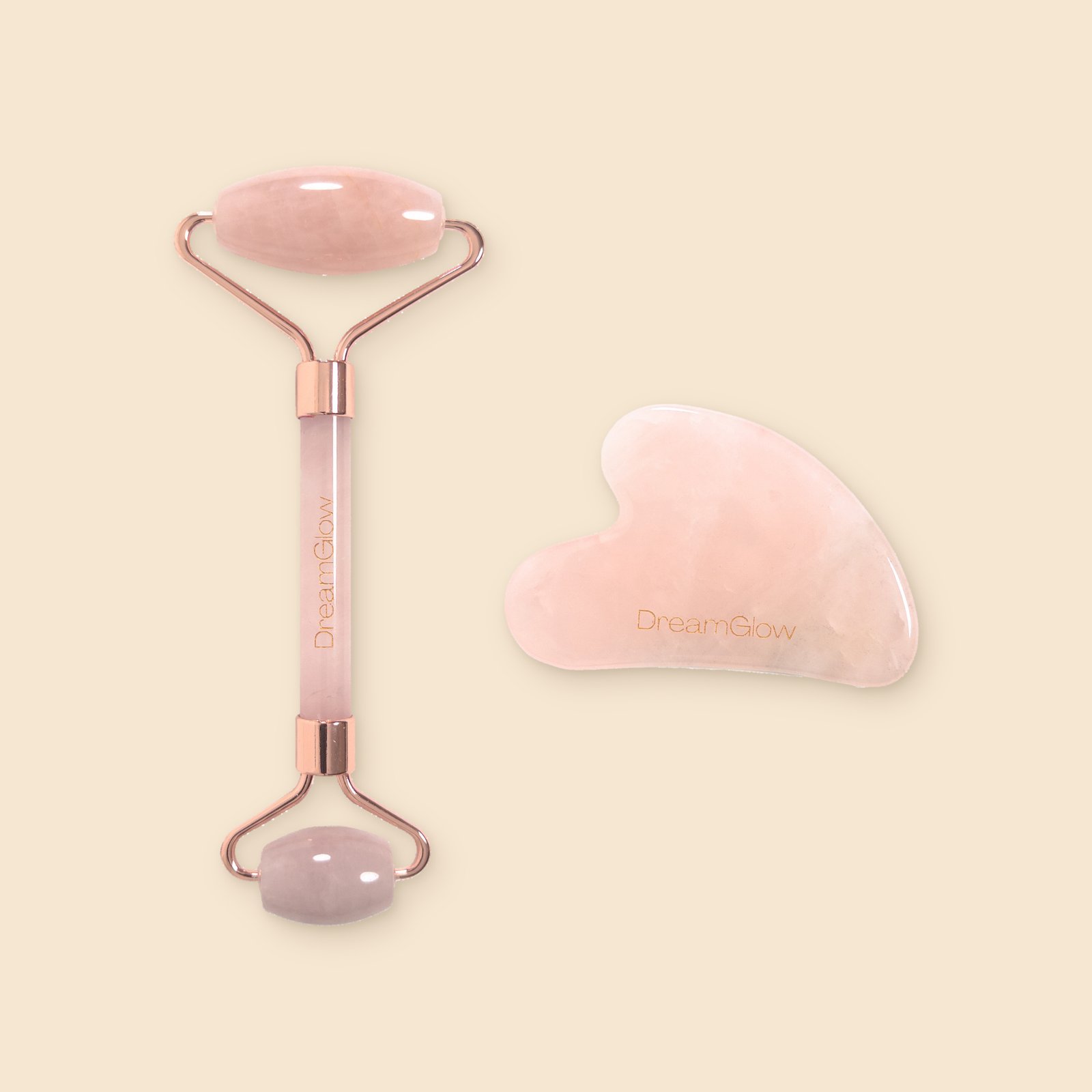 DreamGlow Gua sha en gezichtsroller Rozenkwarts – vooraanzicht